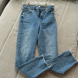 Madewell vintage blue straight leg jeans with slight opening at bottom